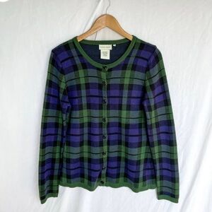 JEFFREY BANKS Blue and Green Plaid Checkered Sweater Cardigan